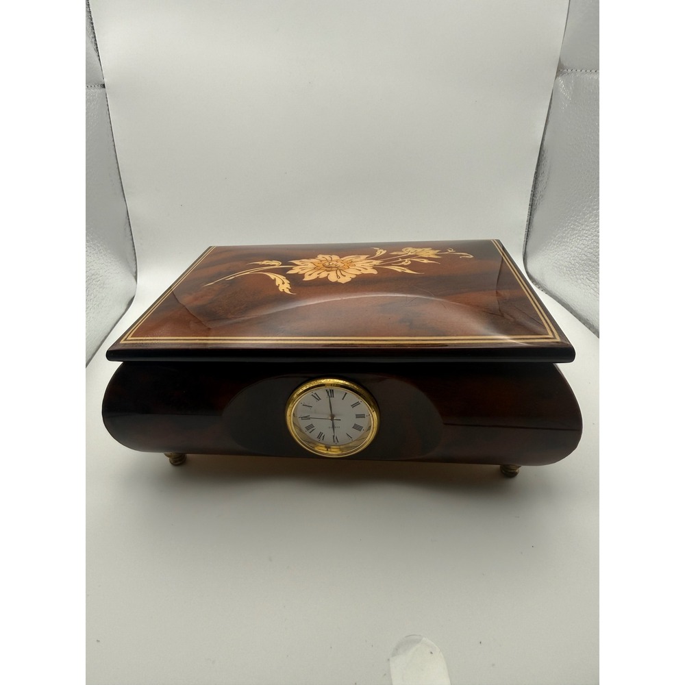 Vintage Romance Italian Inlaid Wood Jewelry Music Box Floral Marquetry Clock